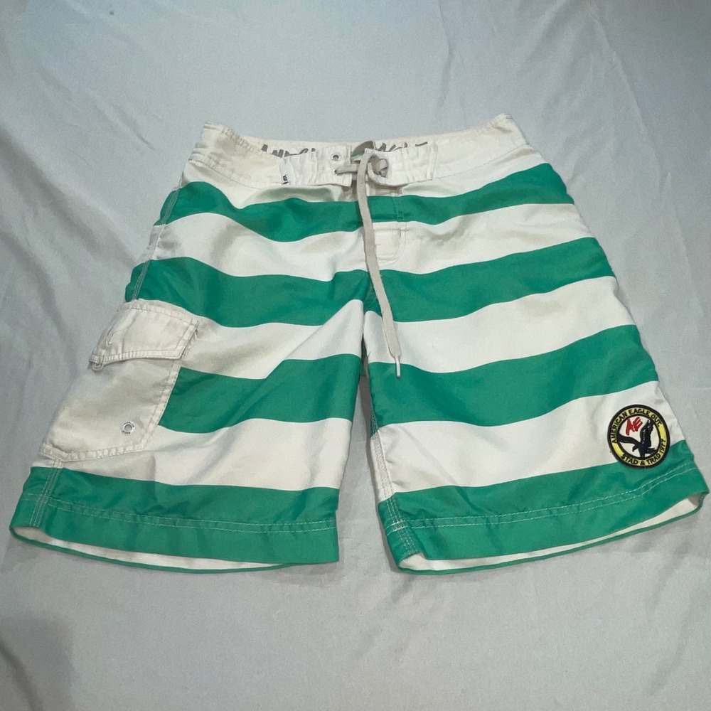 American Eagle Outfitters Mens Green White Striped Board Shorts Swim Trunks M